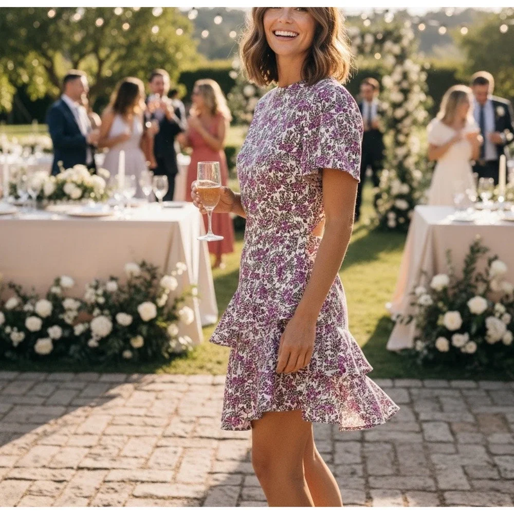 StyleStalker White Floral Mini Dress SMALL Ruffle Cottage Party Designer $200